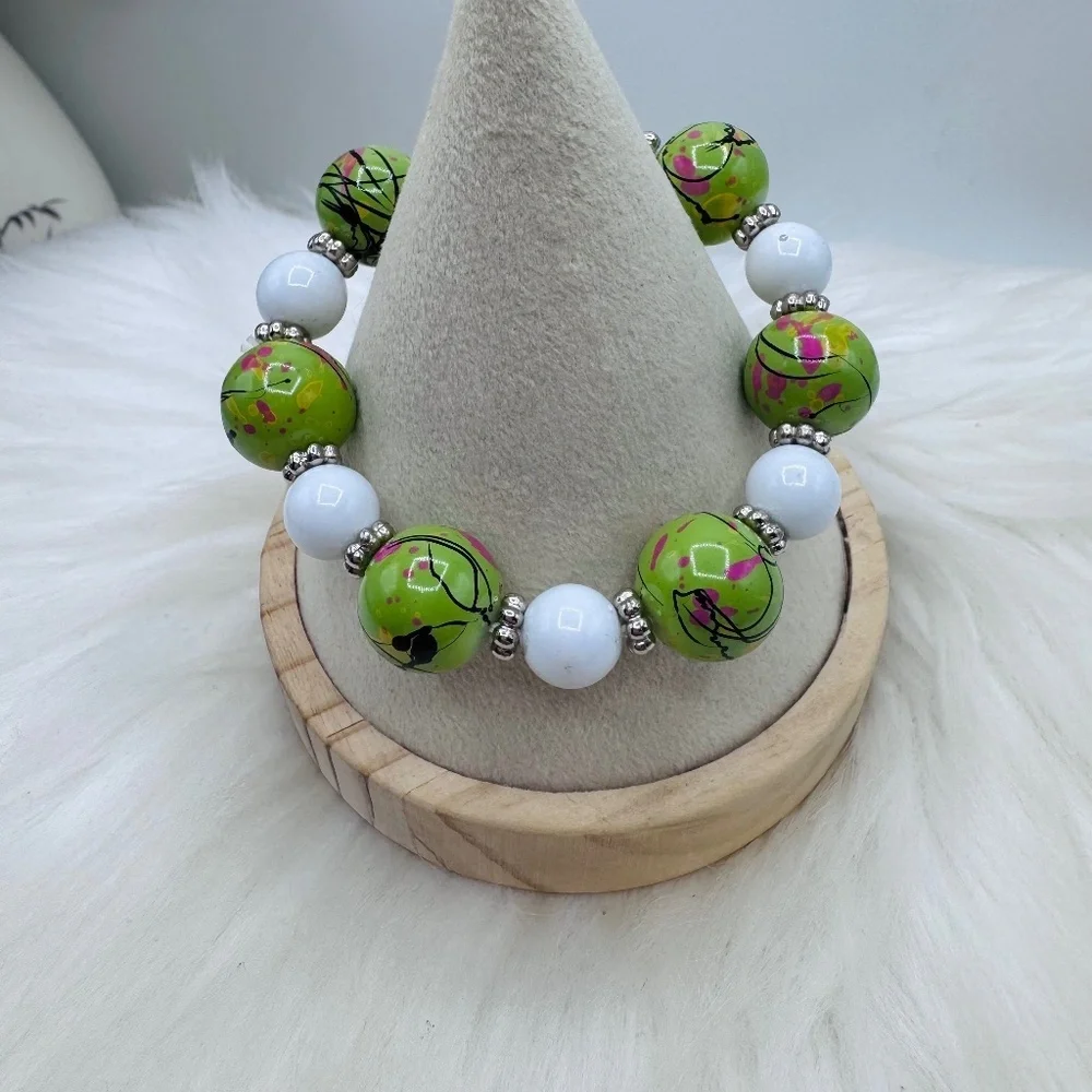 Lime Splash Statement Beaded Bracelet – White Accent Chunky Stretch Jewelry